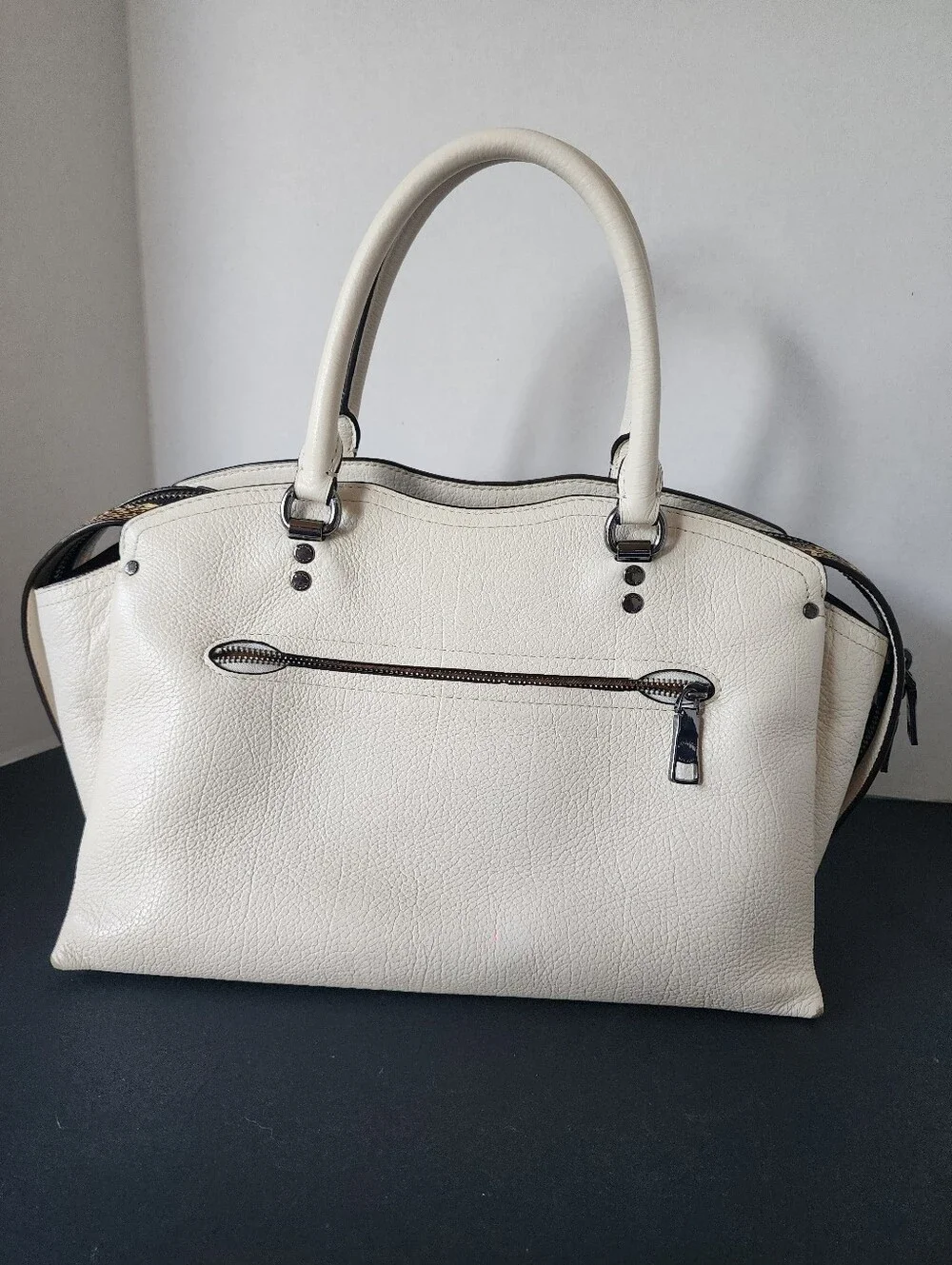 SALE! Coach Off-White Pebbled Leather Satchel with Dark Trim and Silver Hardware